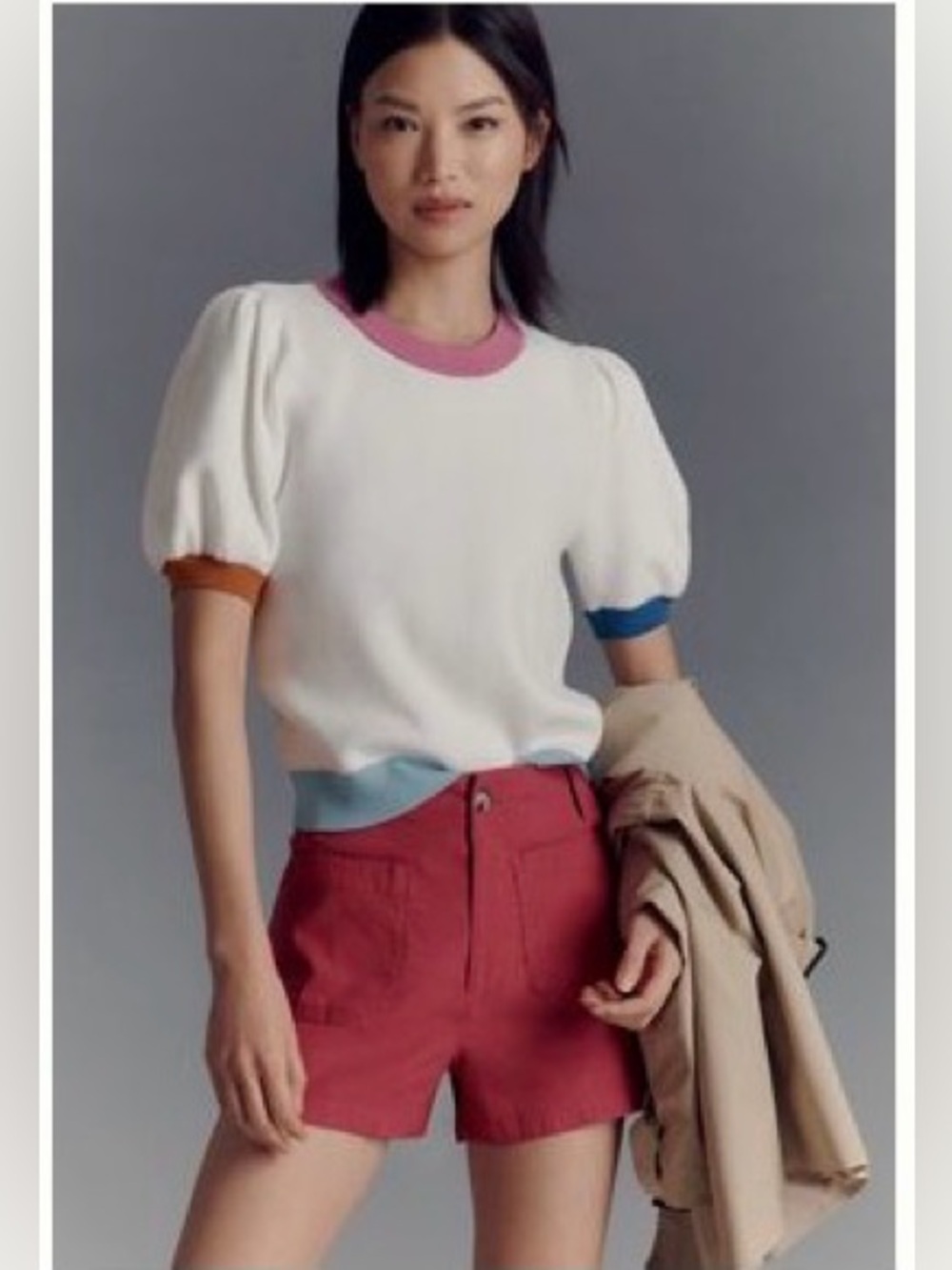 Anthropologie Maeve Maxine Puff-Sleeve Sweater Tee Color-Block Trim - Size XS
